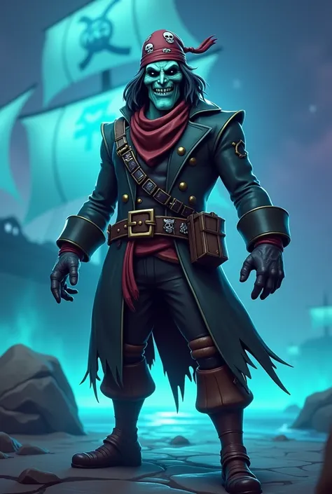  creates the image of a pirate part of the crew of a ghost ship drawn in the Fortnite style. His face is evil  ,  he wears a scarf with skull drawings on his head . He is missing a leg and uses a wooden leg. Draw him full body .