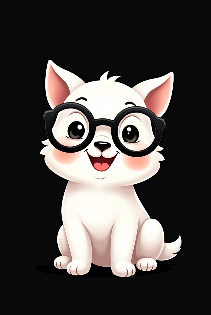  Create a logo featuring a cute, small white dog with black ears, wearing round, oversized glasses and a friendly smile, resembling the character Pochacco. The dog should be standing upright with its paws slightly extended, giving a playful and adorable vi...