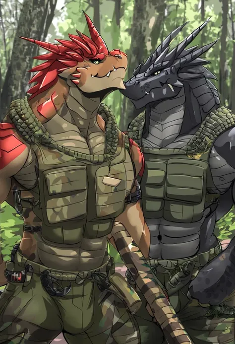 Two muscular dragons in military clothing in a forest