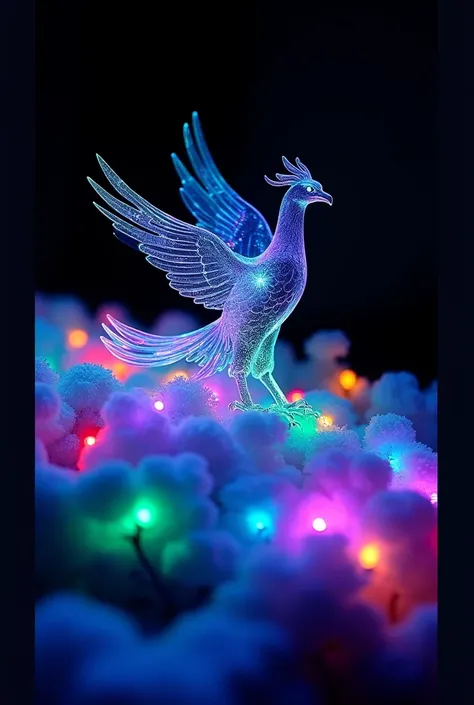   Large glass phoenix that emits fluorescent colors 、Made by AIS-RCN, 8K Photo, "words,     BEAUTIFUL LARGE PHOENIX   ,   taking off from a beautiful night sky   ,     dynamic depiction  、  powerful eagle pose 　 Delicate artwork and misty grass complement ...