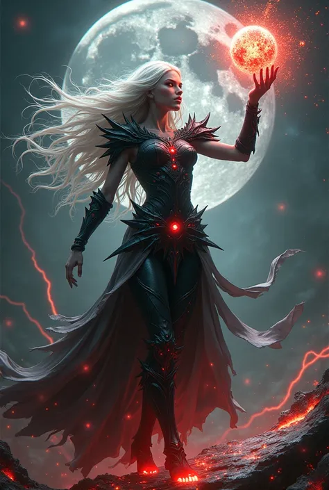 mythp0rt, A shadowy celestial female figure stands in a dynamic pose: one arm raised, summoning a swirling vortex of collapsing stars and voids, the other gripping a fractured celestial orb dripping with glowing starlight. Her silver-white hair flows wildl...