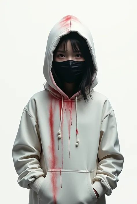 Young Girl wearing a white hooddie and a black mask, red stains around her, white background 