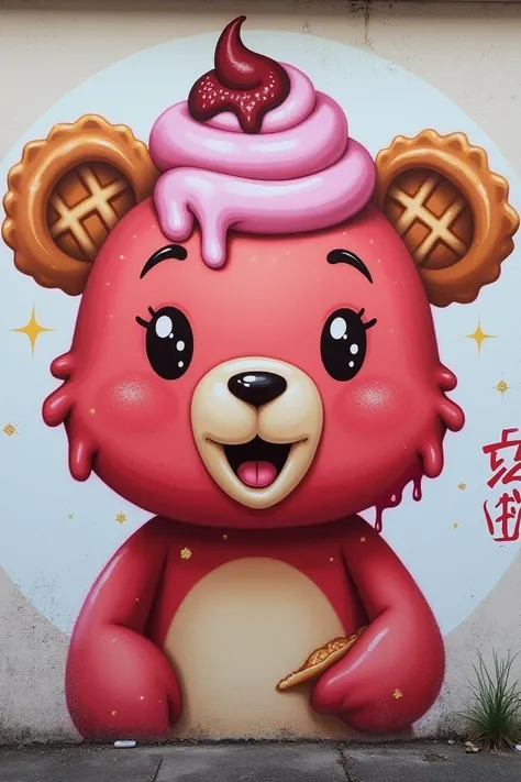 A wall graffiti (A strawbrry ice cream scoop GIRL bear Num with a happy expression. She has a darker pink dollop of cream on the top of her head with some dripping down her head. Her ears are made out from waffles with one having a bite out of it. SPARKLE;...