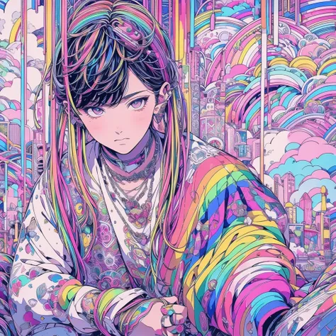  Masterpiece, Clear line drawing, Transparent watercolor, Clear Shading,   handsome young man  ,  rainbow colors ,  Vivid ,  colorful , Convivial atmosphere, Air, rainbow-like outfit ,  accessories,  fun atmosphere, , ,  vibrant ,  pose,  sitting ,  High Q...