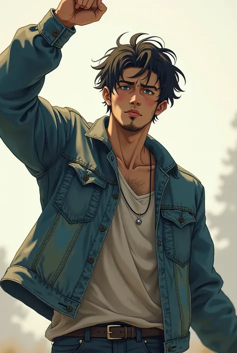 A 30-year-old man wearing a jean jacket is lulled with his arm up as if he is victorious, although his face is sad, his clothes are torn and dirty, it seems that he had a competition, please image in anime.