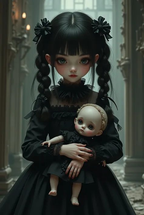 Gothic art, Girl dressed as Gothic Lolita holding a sad doll