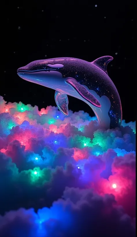   large glass killer whale that emits fluorescent colors 、Made by AIS-RCN, 8K Photo, "words,     Beautiful big killer whale   ,   taking off from a beautiful night sky   ,     dynamic depiction  、  powerful eagle pose 　 delicate work and beach sparkle     ...