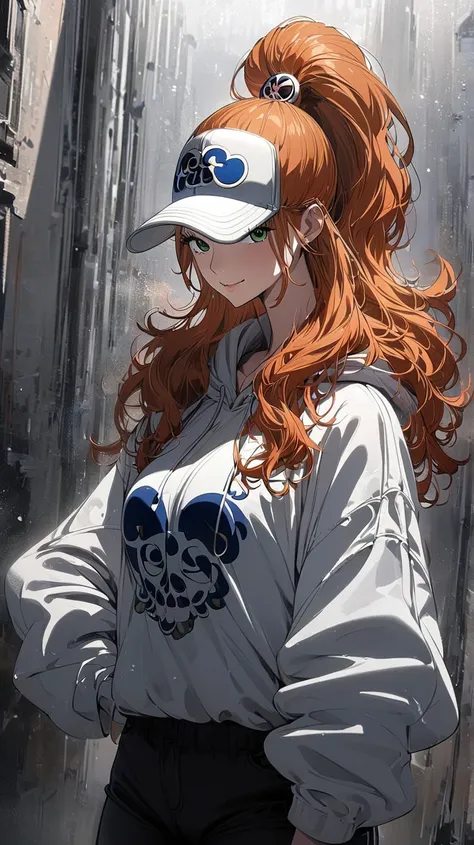 masterpiece, best quality, intricate details, 1 girl, woman, orange hair, us  (one piece), ponytail, Baseball cap, oversized hoodie, black shorts, female focus, indoors, looking at viewer, ((side view)) ((close up shot)) ((Alone)) detailed, very high resol...