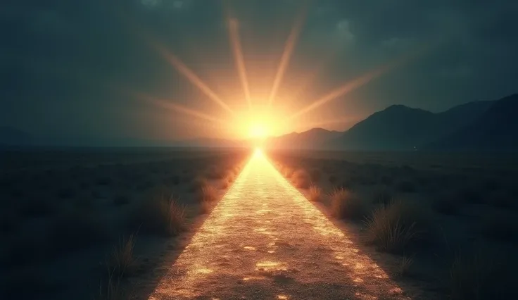 Create a scene of a glowing pathway leading towards a bright horizon, representing the hope and future promised through Jesus sacrifice. Aspect ratio 16:9, cinematic suspense.