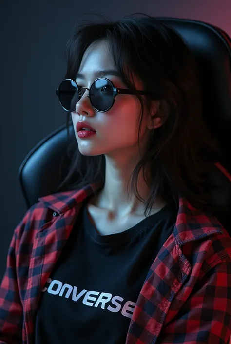 a beautiful Korean woman, wearing a plaid shirt, t-shirt with word "CONVERSE", sunglasses, red lipstick, jeans, sitting on a gaming chair with daydream, dark black background, very hyper realistic photo, 4k, HD photo resolution