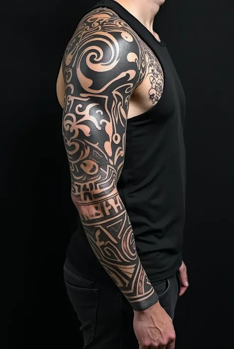 Imagine a black and gray arm, where tribal designs stand out on the arm and forearm, figures present in the culture, the trubais are very perfect and the writing dominates the shoulder. Perfectly running down his biceps, his back features realistic details...