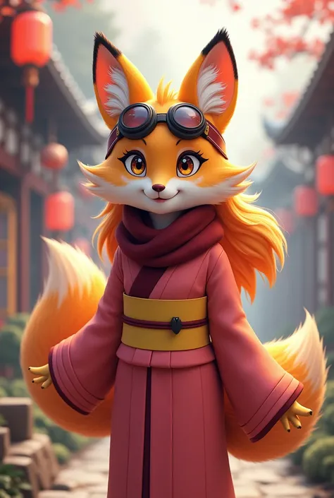 Kanako, reddish-pink kimono, dark red scarf, Long sleeves, yellow obi sash around midriff, Long hair, Goggles, goggles on head, Furry, Anthropomorphic fox,