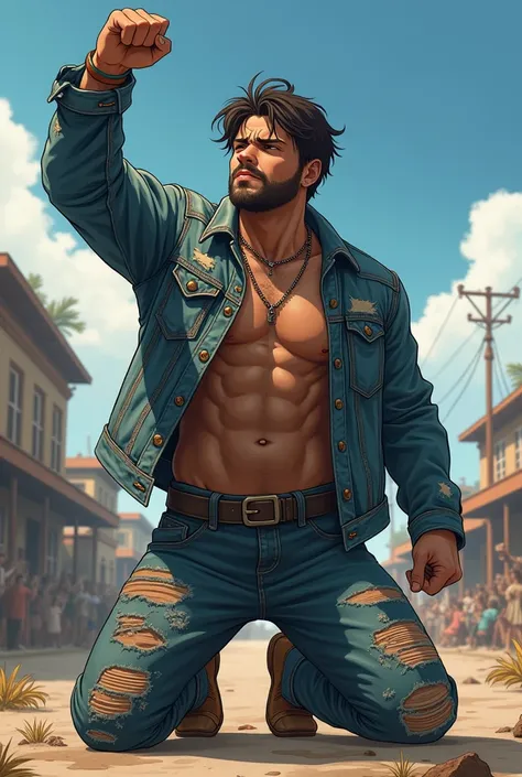 A 30-year-old man from Trigua wearing a jean jacket is kneeling with his arm up, as if he looks victorious, although his face is sad, his clothes are torn and dirty, it seems that he had a competition, please image in anime.