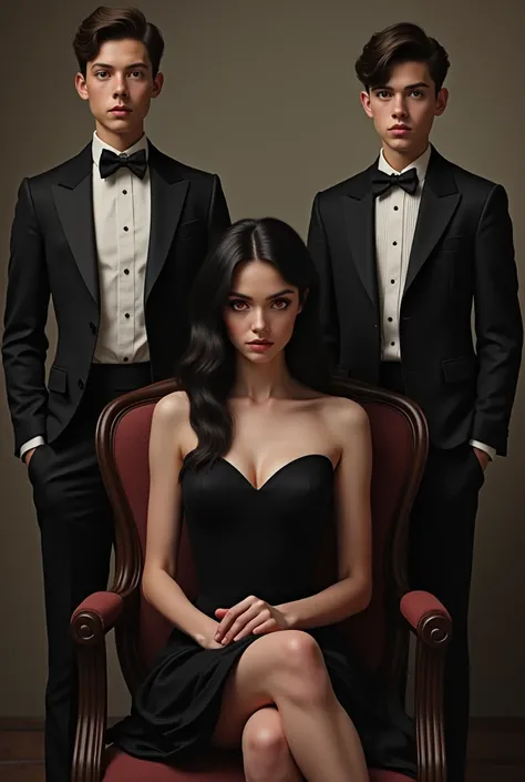  Woman sitting in an armchair serious expression and her ren each standing well dressed and serious expressions,  right is 15 and the left one is  , They are boys ,  the woman sitting in the armchair and the mother , dark hair, ruby eyes,  black dress, wit...