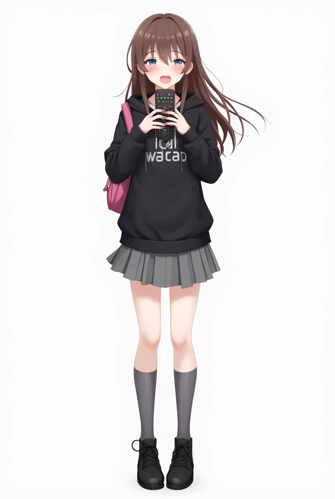 Teenage woman looking forward and brown hair standing in front and her legs and wearing black leather shoes and gray knee-high socks And black poleron with a hood and with white phrases Athletic-style font LCCP on the chest with and with backpack Pink and ...