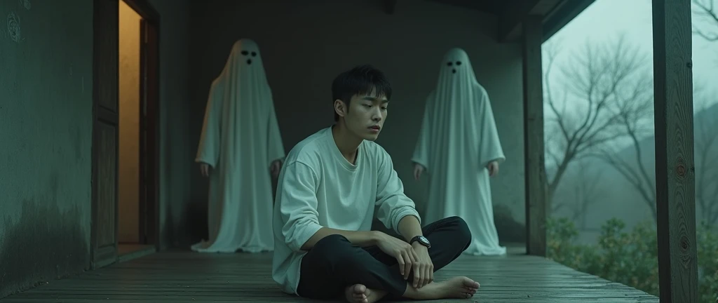  Vintage movie poster ,  a handsome young Korean man sits on the porch of his modest home accompanied by some of his dead family and becomes a curious ghost, horror movie poster , cinematic look