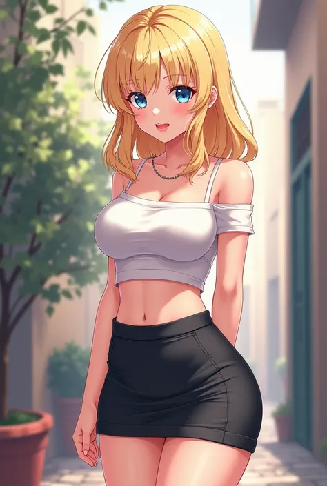 A blonde girl with blue eyes. Hair to her shoulders. Red lips. Perky boobs. Crop top. Mini skirt. Anime style.