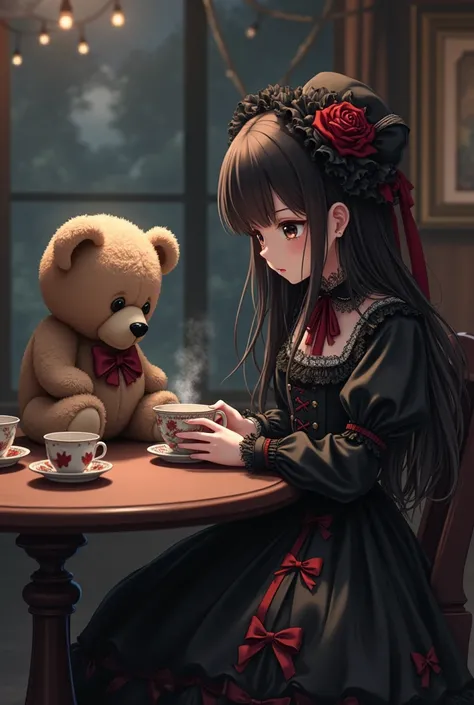  Anime girl with long dark brown hair, black eyes, in gothic dress Lolita ,  sitting drinking tea with a sad teddy bear 