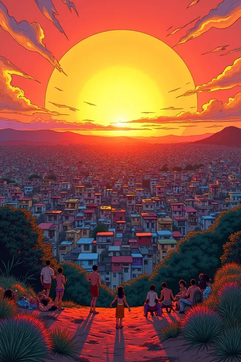 create image: 

 Visual Description :  The sunset seen from the top of the hill ,  with the city  (like favela )  in the background and residents enjoying the view.
in a way similar to comic book drawings 