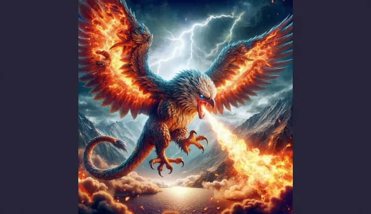 Eagle hybrid with fire that is blowing fire out of his mouth, the wings are set on fire, full view, mountains and lightning background