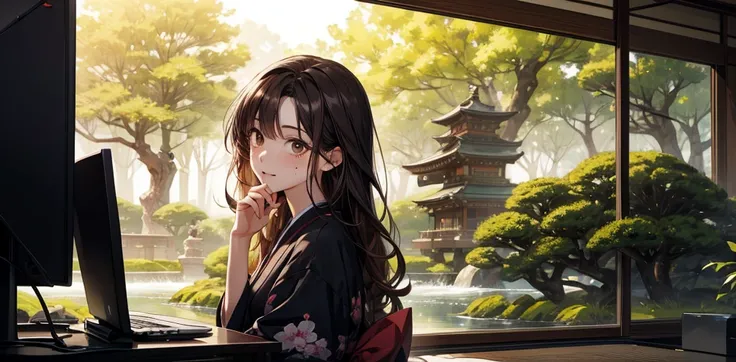 Create a computer wallpaper with an oriental Japanese garden and landscape style. It should present colors such as black and red. Includes an anime-style girl with these features: dark brown hair and eyes, long wavy hair, and she must have a small brown mo...