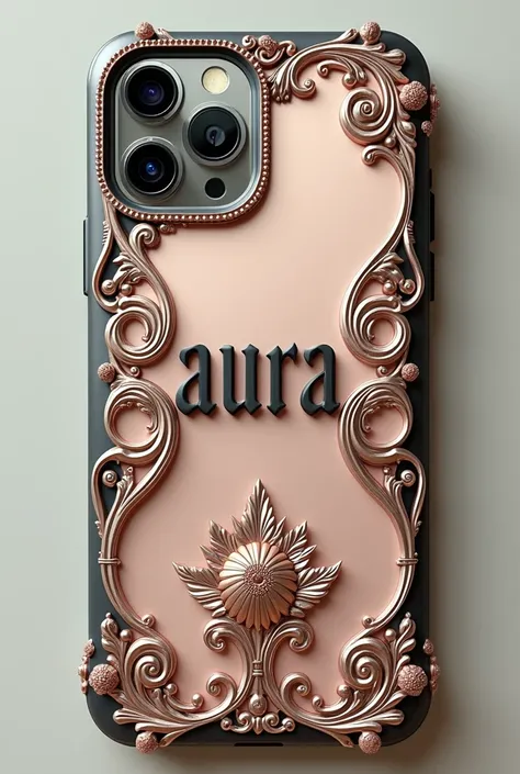 cell phone cases for young women (influencers).
 The phone case should have a small mirror on the top right, in the middle there are gothic letters "AURA" and on the outside there are many small balls for safety and stability when holding.  Create images f...