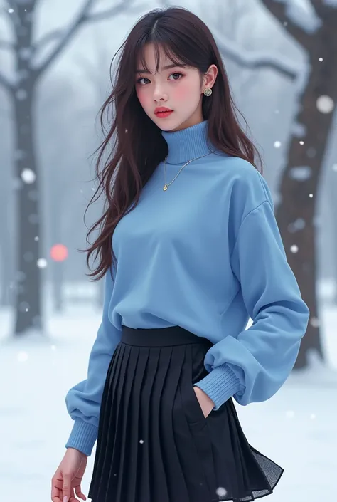 A woman wearing a turtleneck sweater ,  in a black pleated skirt is standing in the snow，Thick neck, Light blue turtleneck sweater, Beautiful young European and American women ， charming posture，sakimi-chan, , full, blue sweate