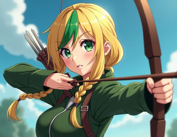 Anime, 25 years old, blonde hair with green stripe, green eyes, braids, Archer, confident