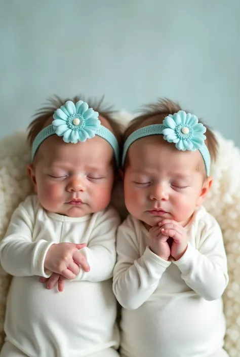 Super cute newborn twin baby girls with cute light blue flowers headbands photoshoot
