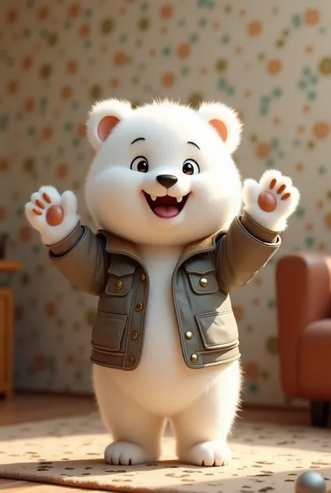 A cute little white bear， wearing a jacket ，Stand upright with both legs ，Stand indoors，Waving with arms ，Front view，Front view，Wallpaper texture ，realistic