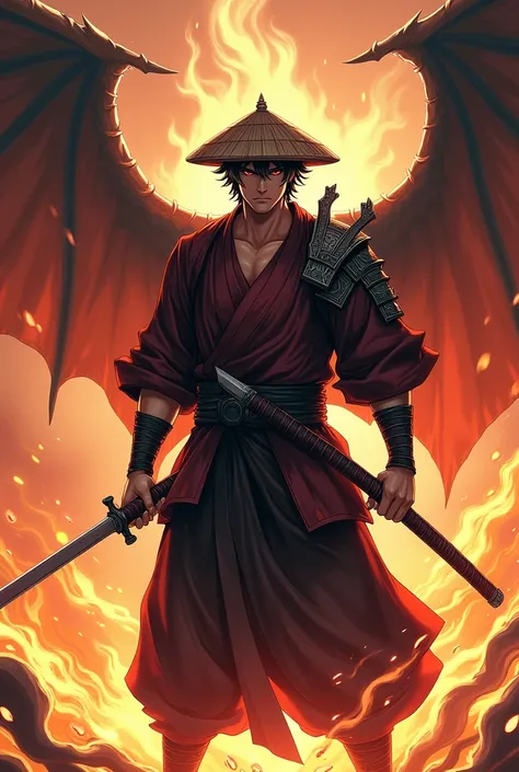  Serious samurai man with a defined body wearing a traditional round straw hat holding a katana in each hand and with the lates of the katanas around his waist,with red and black clothes and with silver details and modern samurai style,Rebel short black ha...