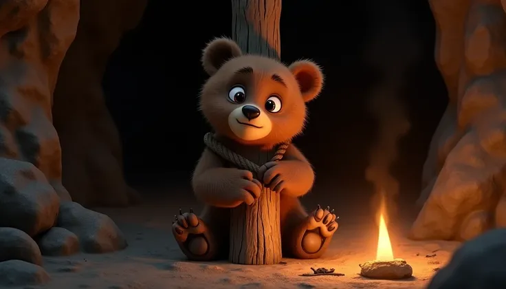 Inside the ominous dark cave, the bear cub, with soft brown fur, sits tied to a wooden pole with a thick rope. The cub looks frightened, its small paws nervously gripping the ground as it tries to stay calm. The pole is rough and weathered, and the cub’s w...