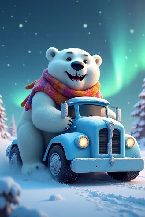 Generate a whimsical image of a polar bear wearing a colorful scarf, driving an ice-themed truck along a snow-covered road at night. The bear’s massive paw grips the wheel, and its cheerful face reflects in the frosty windshield. The aurora borealis shines...