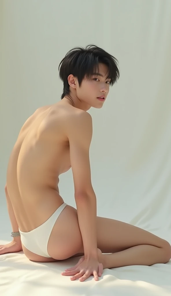  One Boy 　 handsome　 gaze　naked　whitebikini pants　A well-trained body　 Japanese　Idol white skin　 cute bangs doggy 　 stick out buttocks　 crawling position boy お尻を突き出す　Looking back All fours