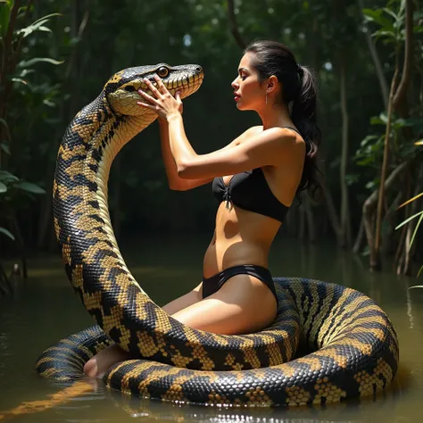 Beautiful light skinned Arabic woman with big breast and thick thighs in black bikini grappling with gigantic colossal 30 foot long reticulated python very large massive coils wrapped around her waist and lower body squeezing her, her hands holding the pyt...