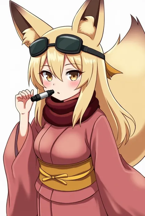 Kanako, reddish-pink kimono, dark red scarf, Long sleeves, yellow obi sash around midriff, Long hair, Goggles, goggles on head, Furry, Anthropomorphic fox, blow job