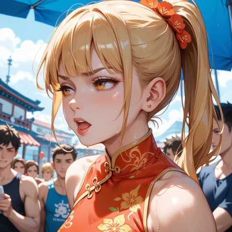  Maki in the final fight 。 hordes of men attack her。 she has a blonde ponytail 。 she falls to the ground 。 she wears an orange china dress。She has an expression of pain 。 a lot of people touch her 。She sweats 。Photograph the whole body。 best quality, 