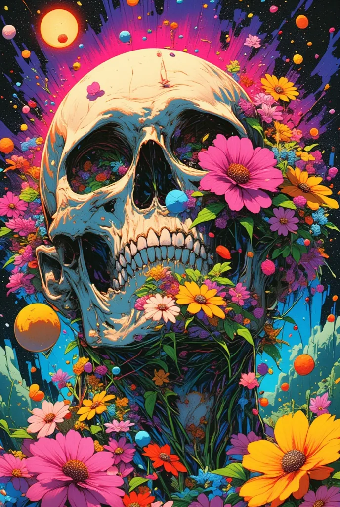 illustration of a man with a skull  ,   colorful flowers blooming from his skull、 background is petals、crumbling petals 、 lsd ta...