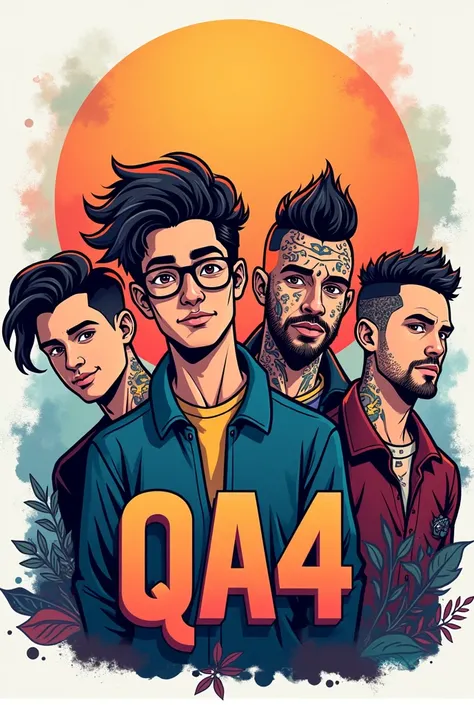  I have a WhatsApp group where we are four friends and I am one and they are three we are four and then I want you to create a logo based on us four friends we are all men, One has big hair like a woman and wears glasses he doesnt have a tattoo , Another h...