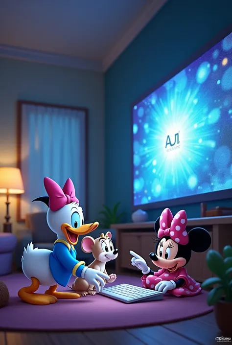 A digital artwork ， There are several Disney characters in the scene 。 Daisy Duck tapping the keyboard ， A little mouse with open eyes is swiping through the browser， A lively puppy looking at the digital art NFT number ， Minnie wearing glasses is watching...