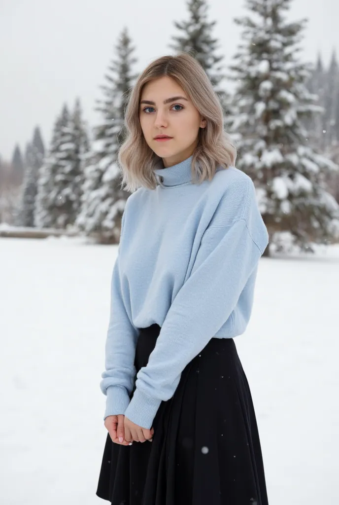 16k quality， ultra realistic style ，a woman wearing a turtleneck sweater ,  in a black pleated skirt is standing in the snow，thi...