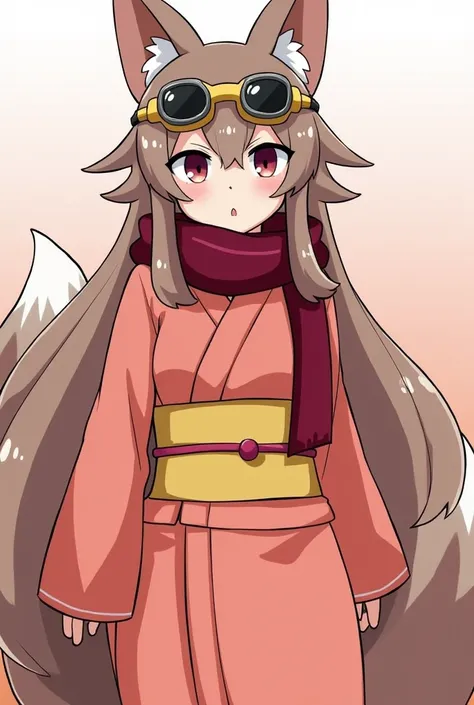 Kanako, reddish-pink kimono, dark red scarf, Long sleeves, yellow obi sash around midriff, Long hair, Goggles, goggles on head, Furry, Anthropomorphic fox monster, blow job, sex,