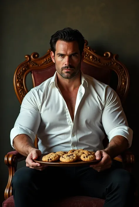 The image depicts actor Henry Cavil, of Italian descent, sitting in an intricately carved wooden chair with burgundy upholstery. He has a sophisticated and elegant appearance, highlighted by his confident posture. He is wearing a white dress shirt, without...