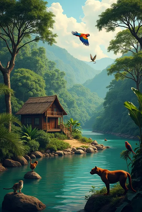  Generate an image of a landscape of a cabin on the banks of a river with macaws, panthers and monkeys .  The landscape should be similar to the Amazonian environment .