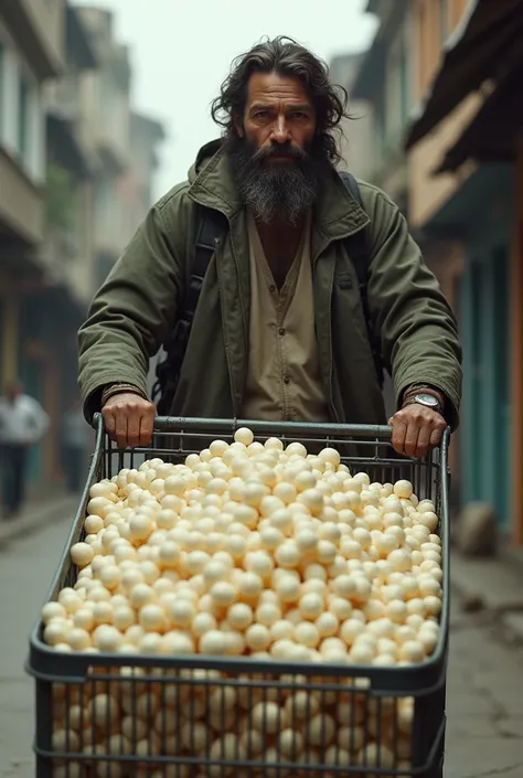 Bearded and haired man carrying a grocery cart full of hundreds of white corn kernels