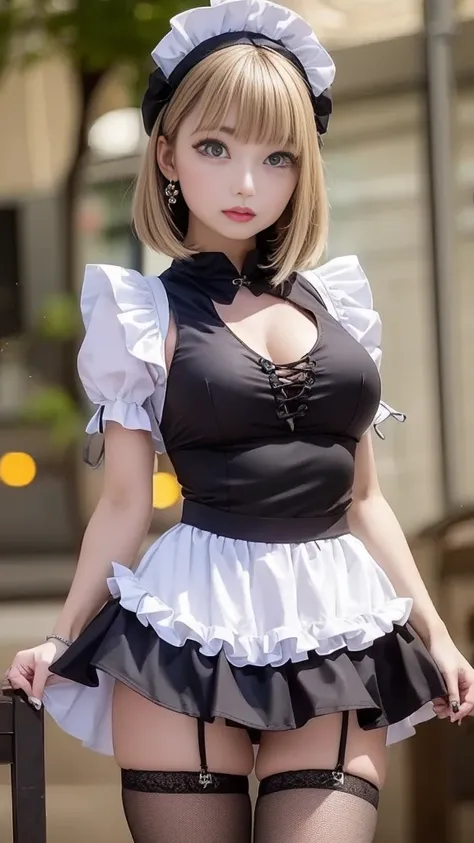 (sexy slit micro skirt maid outfit:1.1、 maid uniform 、 maid costume、apron、 Katyusha、 fishnet tights)、( 1 21-year-old girl 、 short bob hair、Blonde Hair、double bun、 slender body 、Medium breast、 beautiful long legs )、( dining table 、 wide hole、Standing with a...