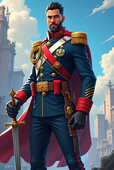  a portrait of Arturo Prat, a Chilean hero from the naval combat in Iquique. Draw it aesthetically in Fortnite style. Draw him full body . his body is slender and he carries a sabre in his right hand 