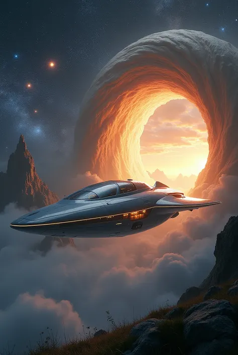 A surreal image of a futuristic ship flying through a time portal, a large black hole, and a wormhole, surrounded by a vast starry sky and a distant, hazy spiral galaxy. At the end of the ship, a glowing circular portal reveals a warm natural landscape wit...