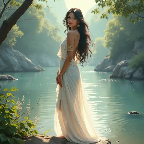 1. A serene illustration of Ganga, a beautiful maiden, standing on the riverbank, with a gentle smile and an enchanting aura.In dall e-3 style