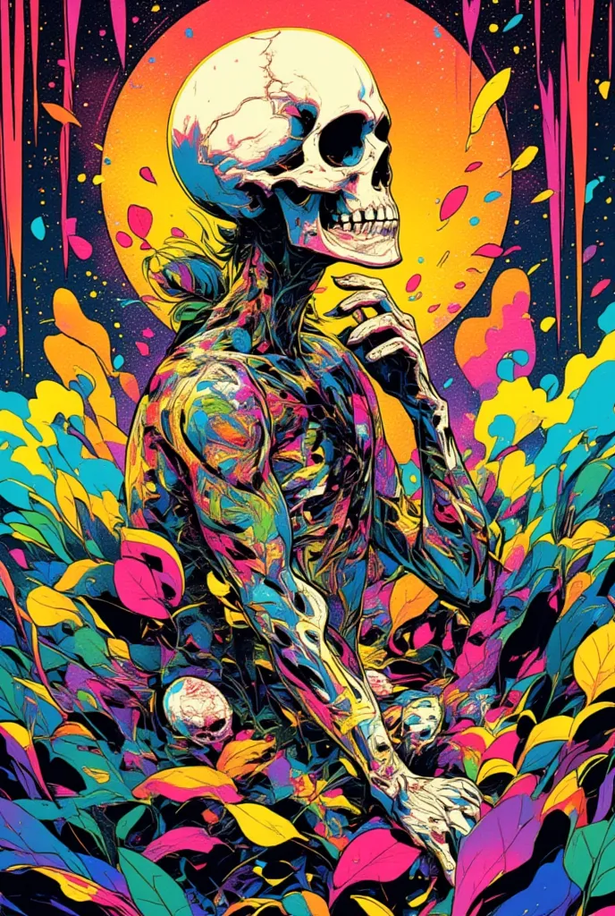 illustration of a man with a skull  ,  background is petals、crumbling petals 、 lsd tattoo design  ,   psychedelic illustrations ...